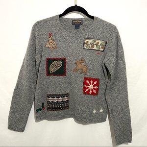 Woolrich 100% Wool Christmas Crew Neck Sweater in Charcoal Heather Grey S